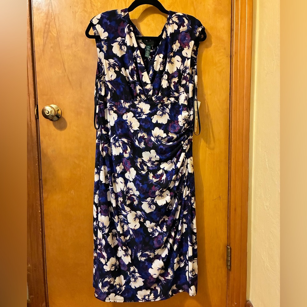 Ralph Lauren Blue and White Sheath Dress with Cowl Neck